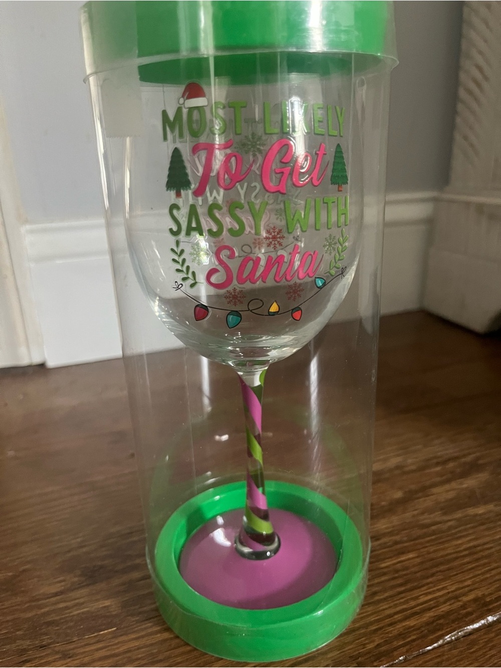 Festive 'Most Likely To Get Sassy With Santa acrylic Wine Glass - Green & Pink